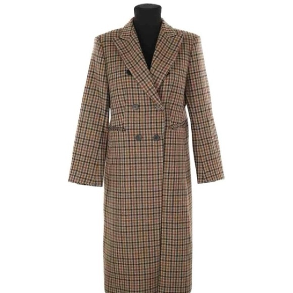 Sandro Paris Jackets & Blazers - SANDRO Double-Breasted Long Plaid Coat in Brown